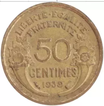 Монета 50 сантим Франции 1939 года Бронза