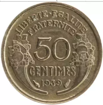 Монета 50 сантим Франции 1939 года Бронза