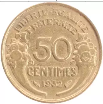 Монета 50 сантим Франции 1939 года Латунь