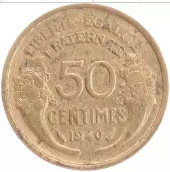Монета 50 сантим Франции 1940 года Бронза