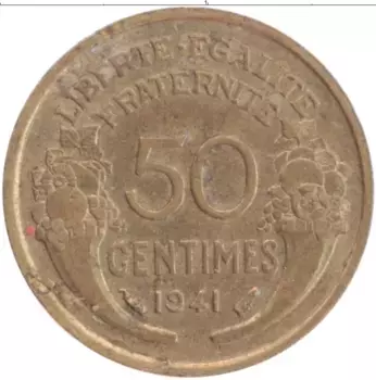 Монета 50 сантим Франции 1941 года Бронза