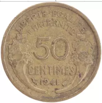 Монета 50 сантим Франции 1941 года Латунь