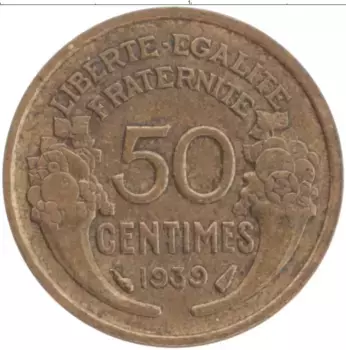 Монета 50 сантим Франции 1959 года Латунь