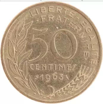 Монета 50 сантим Франции 1963 года Латунь