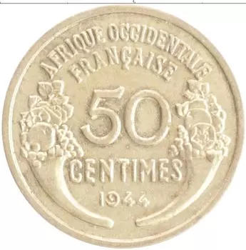 Монета 50 сантим Французской Западной Африки 1944 года Бронза