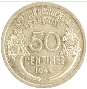 Монета 50 сантим Французской Западной Африки 1944 года Бронза