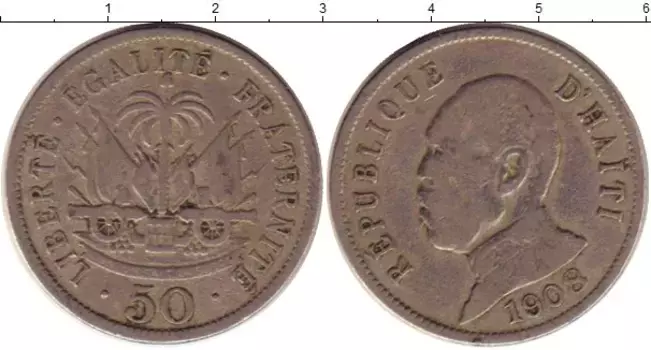 Монета 50 сантим Гаити 1908 года Медно-никель