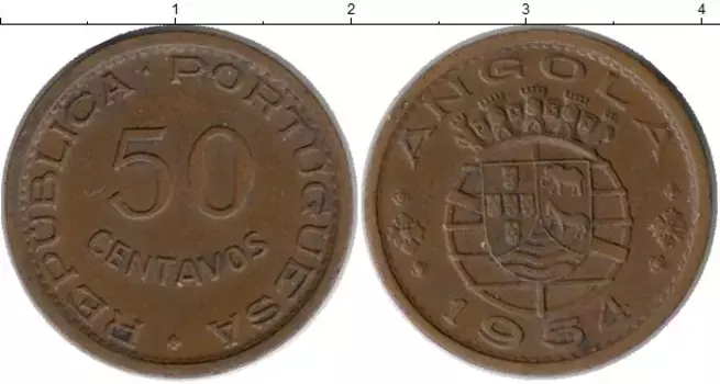 Монета 50 сентаво Анголы 1954 года Бронза Колония Португалии