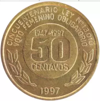 Монета 50 сентаво Аргентины 1997 года Бронза 50 лет женского избирательного права