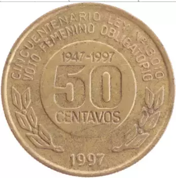 Монета 50 сентаво Аргентины 1997 года Латунь 50 лет женского избирательного права