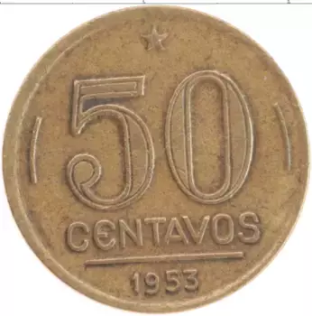 Монета 50 сентаво Бразилии 1953 года Латунь Гаспар Дутра
