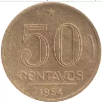 Монета 50 сентаво Бразилии 1954 года Латунь Гаспар Дутра