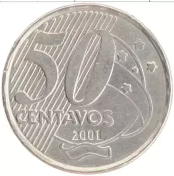 Монета 50 сентаво Бразилии 2001 года Медно-никель
