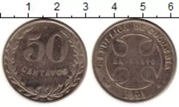 Монета 50 сентаво Колумбии 1921 года Медно-никель Лепрозорий