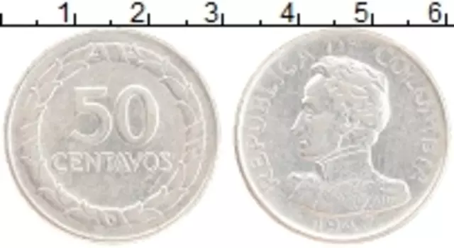 Монета 50 сентаво Колумбии 1947 года Серебро Симон Боливар