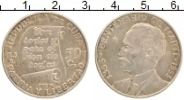 Монета 50 сентаво Кубы 1953 года Серебро 100 лет со дня рождения Хосе Марти
