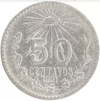 Монета 50 сентаво Мексики 1921 года Серебро Герб