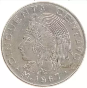 Монета 50 сентаво Мексики 1967 года Медно-никель Индеец
