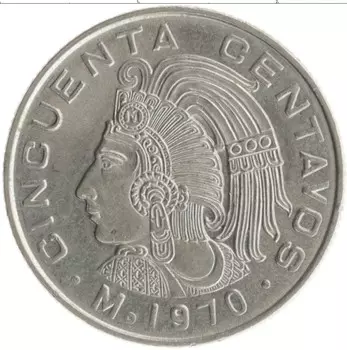 Монета 50 сентаво Мексики 1970 года Медно-никель Индеец