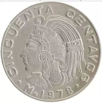 Монета 50 сентаво Мексики 1978 года Медно-никель Индеец