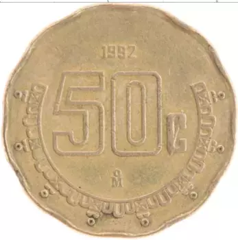 Монета 50 сентаво Мексики 1992 года Латунь Герб