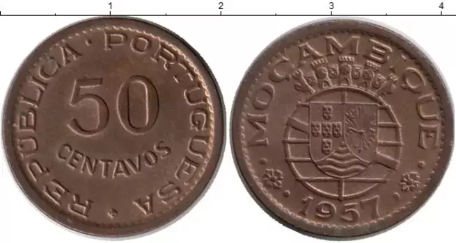 Монета 50 сентаво Мозамбика 1957 года Бронза