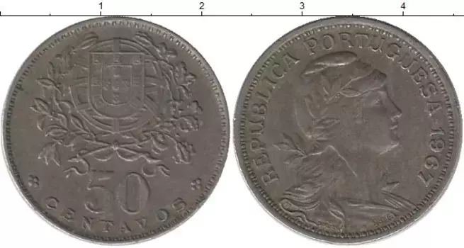 Монета 50 сентаво Португалии 1967 года Медно-никель