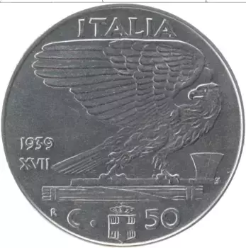 Монета 50 сентесим Италии 1939 года Медно-никель Витторио Эммануил III