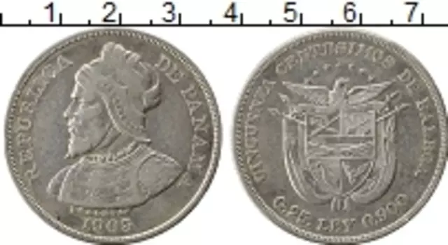 Монета 50 сентесим Панамы 1905 года Серебро Васко Нуньес де Бальбоа