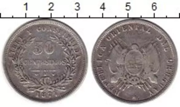 Монета 50 сентесим Уругвая 1877 года Серебро