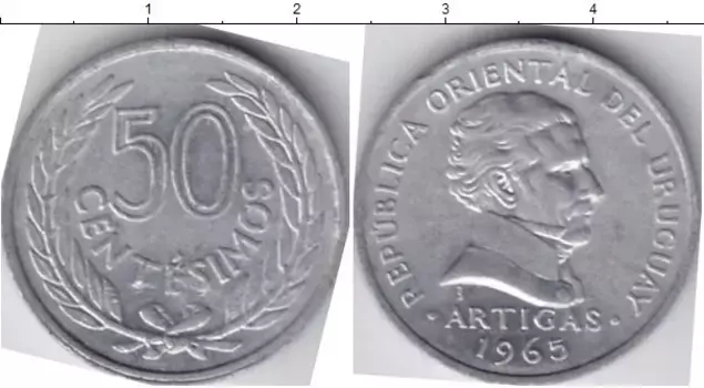 Монета 50 сентесим Уругвая 1965 года Алюминий Артигас