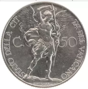 Монета 50 сентесим Ватикана 1939 года Медно-никель Пантифк Пий ХII