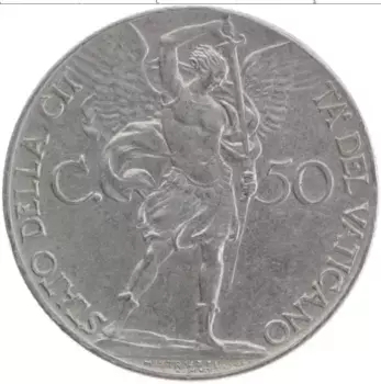 Монета 50 сентесим Ватикана 1940 года Медно-никель Пий XII