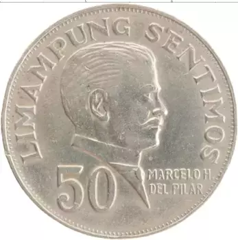 Монета 50 сентим Филиппин 1972 года Медно-никель Марсело Пилар
