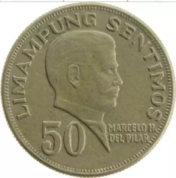 Монета 50 сентим Филиппин 1972 года Медно-никель Марсело Дель Пилар