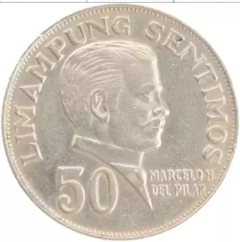 Монета 50 сентим Филиппин 1972 года Медно-никель Марсело Дель Пилар