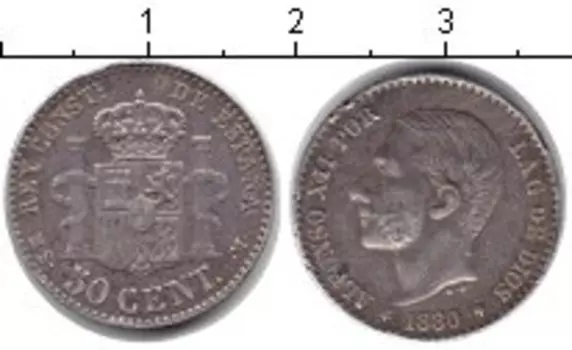 Монета 50 сентим Испании 1880 года Серебро Альфонсо XII