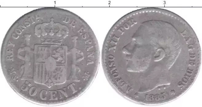 Монета 50 сентим Испании 1885 года Серебро Альфонсо XII