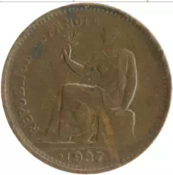 Монета 50 сентим Испании 1937 года Медь Гражданская война