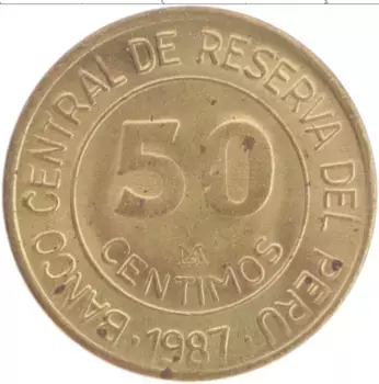 Монета 50 сентим Перу 1987 года Латунь