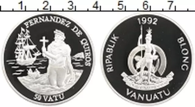 Монета 50 вату Вануату 1992 года Серебро Португальский мореплаватель Педро Фернандес Кирос