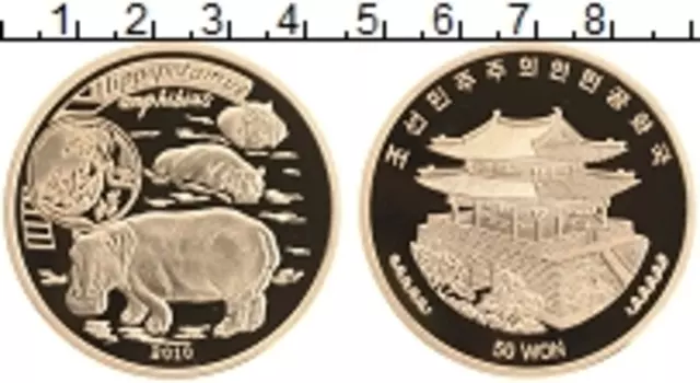 Монета 50 вон Северной Кореи 2010 года Латунь Гиппопотам