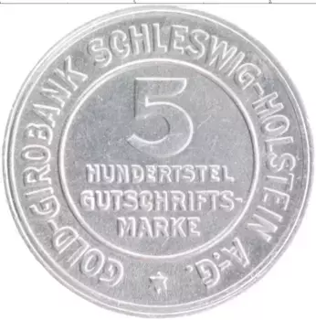 Монета 5/100 марки Шлезвиг-Гольштейна 1923 года Алюминий