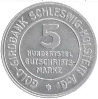 Монета 5/100 марки Шлезвиг-Гольштейна 1923 года Алюминий