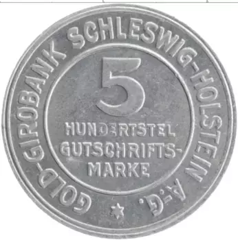 Монета 5/100 марки Шлезвиг-Гольштейна 1923 года Алюминий