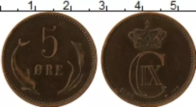 Монета 5 эре Дании 1904 года Бронза Кристиан IХ