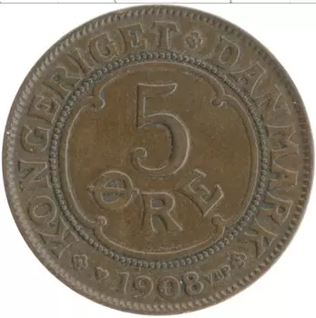 Монета 5 эре Дании 1908 года Бронза Фредерик VIII
