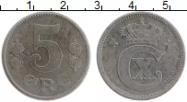 Монета 5 эре Дании 1919 года Цинк Кристиан Х