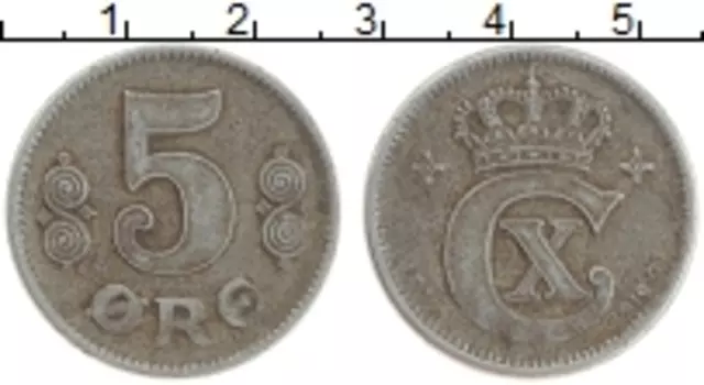 Монета 5 эре Дании 1919 года Железо Кристиан X