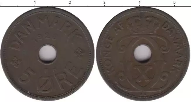 Монета 5 эре Дании 1928 года Бронза